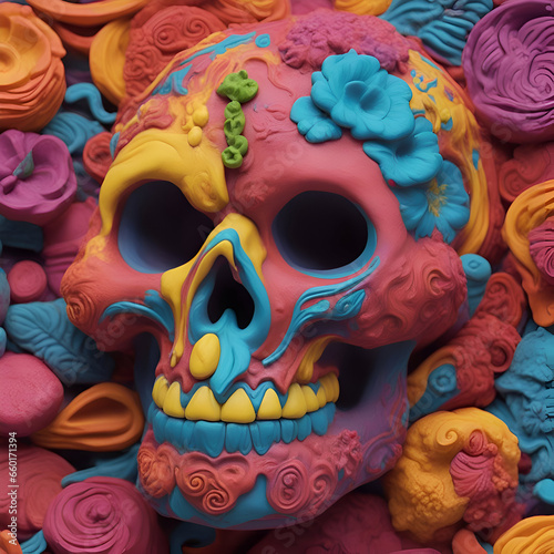 Skull made of colorful plasticine. 3d render illustration.