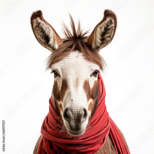 friendly donkey head with bandana on white background