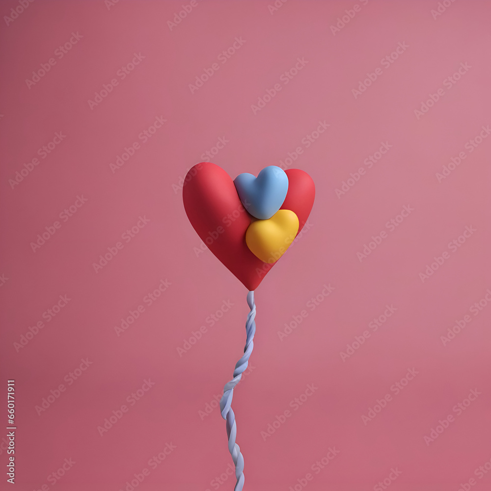 Valentine's day concept. Red and blue heart balloons on pink background.