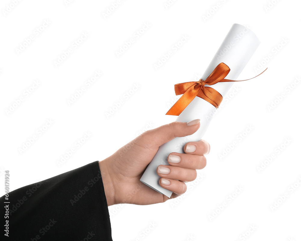 Woman holding diploma with ribbon on white background Woman holding diploma with ribbon on white background