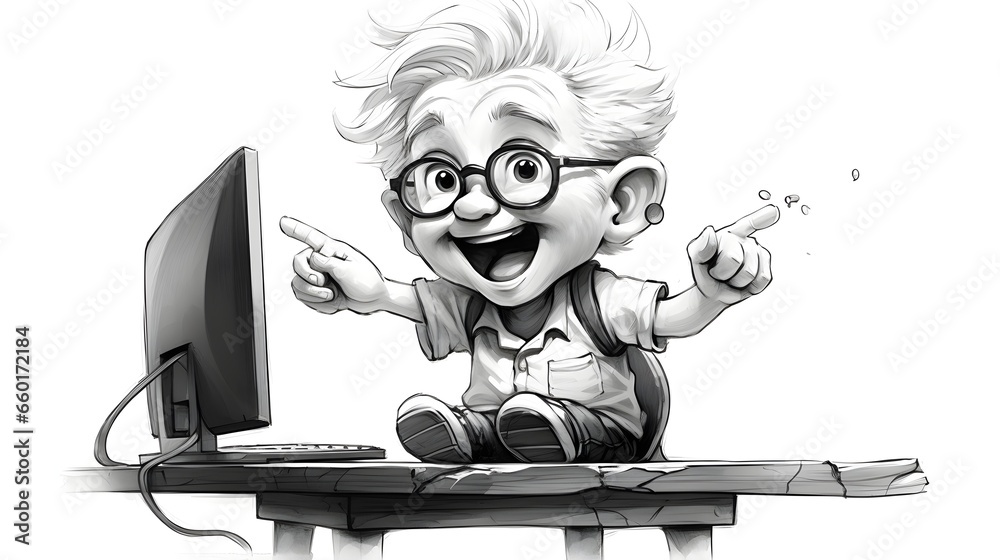Cartoon illustration of a senior man with a laptop computer and headphones. Cartoon illustration of a senior man with a laptop computer and headphones.