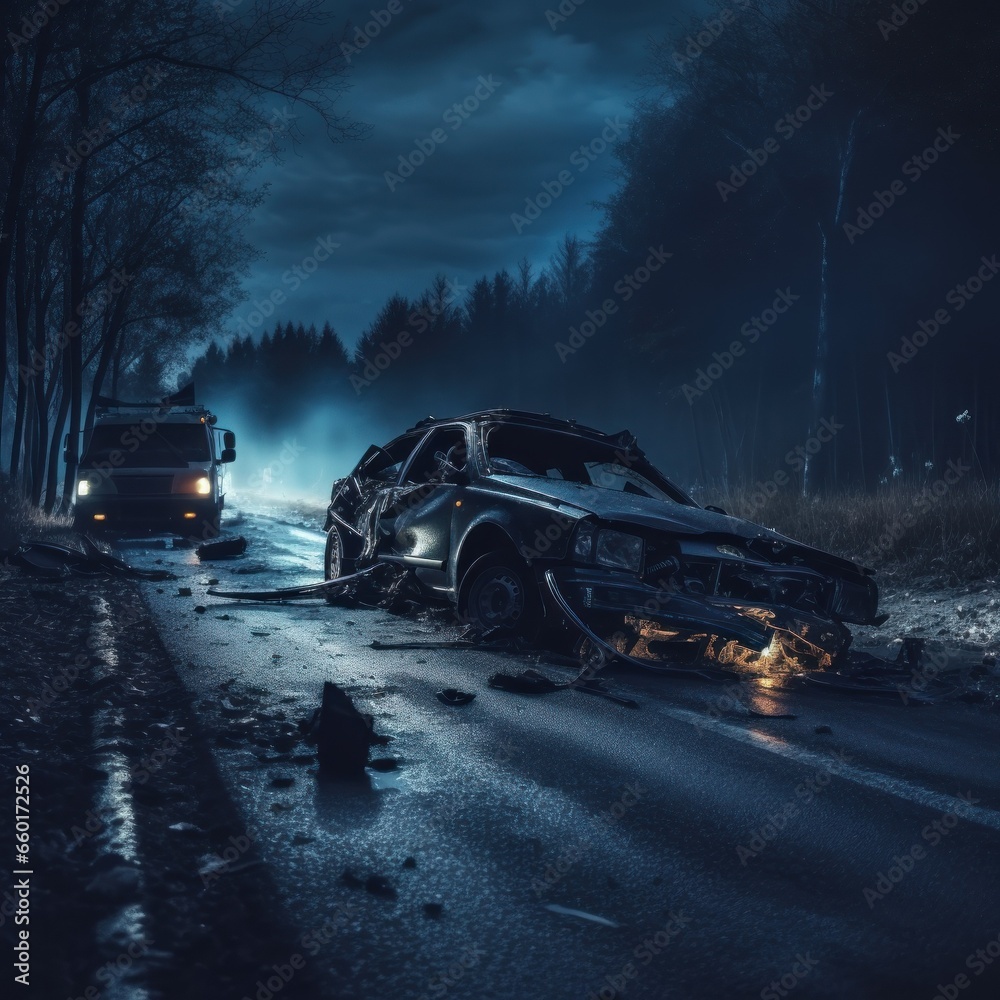 abandoned vehicle in dangerous dark forest