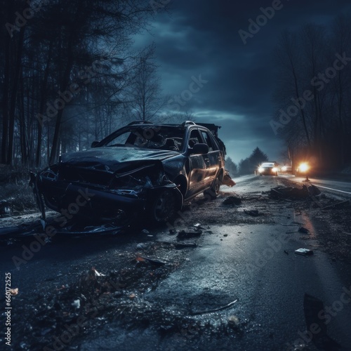 abandoned vehicle in dark forest