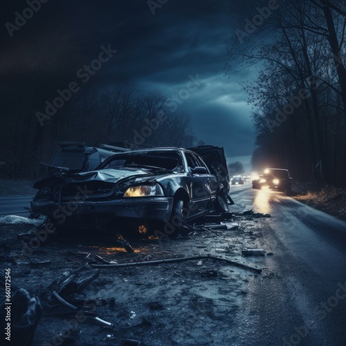 dark road with abandoned vehicle