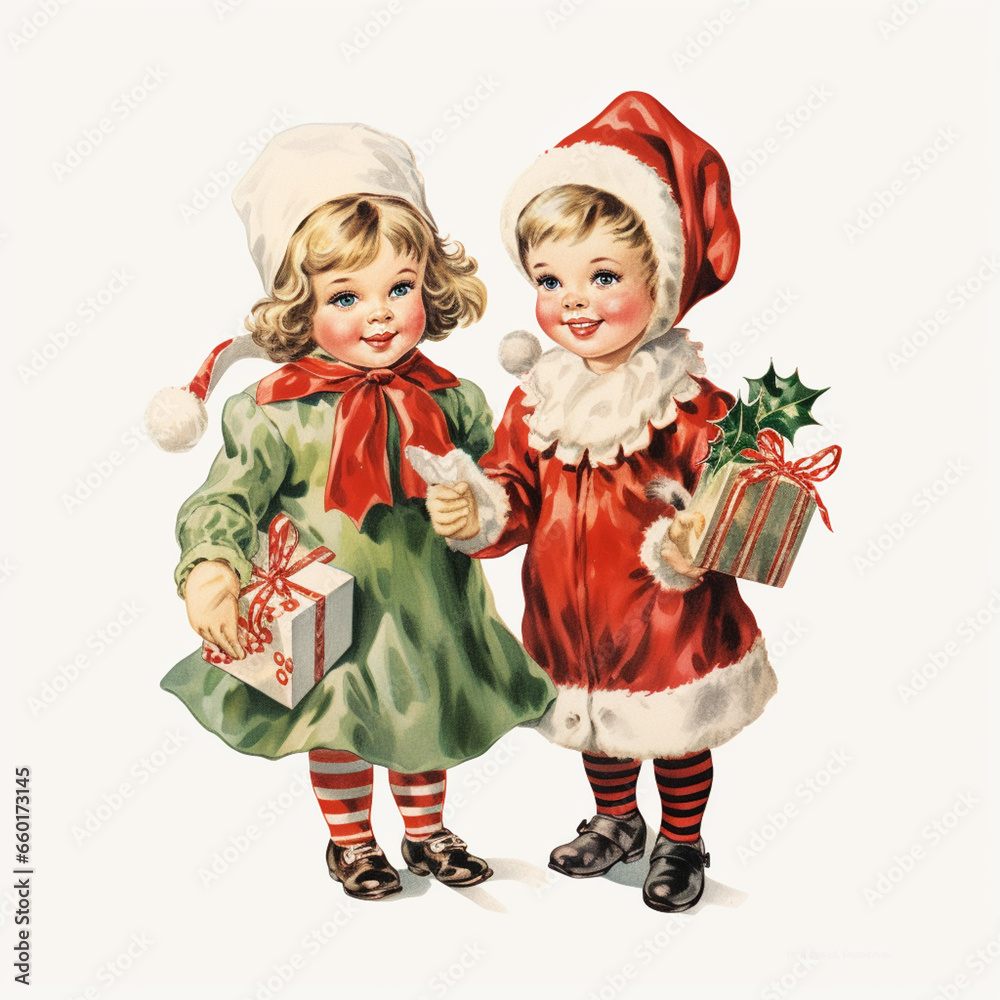 Vintage children christmas illustration isolated on a white background (generative AI)