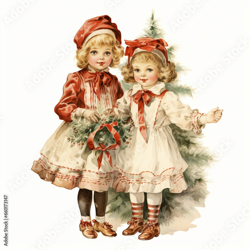 Vintage children christmas illustration isolated on a white background (generative AI)