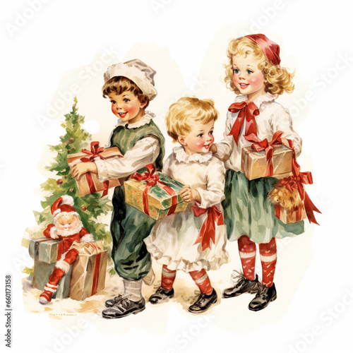 Vintage children christmas illustration isolated on a white background (generative AI)
