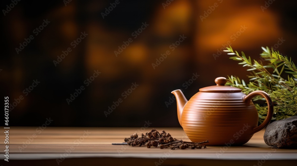 Antique and vintage classic Chinese teapot as a background with copy space. Suitable for Chinese New Year or traditional Asian festivals. - obrazy, fototapety, plakaty 
