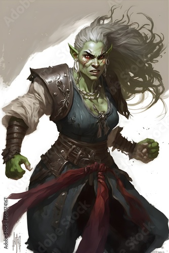 in action realistic fantasy art young smiling muscular female whitehaired orc rogue with green skin wearing long jacket stylic medieval clothes moving pose movement white haired woman with green 
