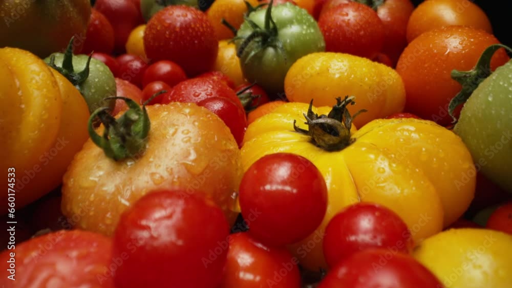 Macro slider tomatoes varieties on black. Fresh organic vegetables harvest.