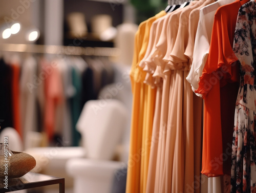 A stylish boutique interior with racks of fashionable clothing and accessories displayed elegantly.