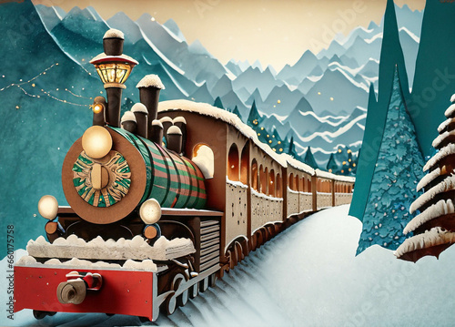 Vintage train riding through mountains, in a cut paper collage style. Generative AI 