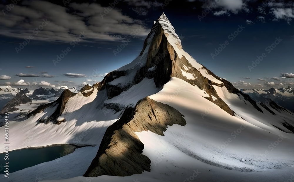 Located in the Bernese Alps in Switzerland the Finsteraarhorn sits at 4274 meters 14022 ft above sea level and can be seen from almost 100 miles away It is the third most prominent mountain peak in  - obrazy, fototapety, plakaty 