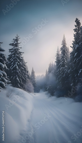 Winter landscape with snow covered fir trees in the mountains. Carpathians. Ukraine © Waqar