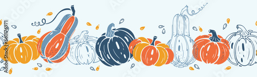 Pumpkin Seamless Border Pattern. Repeating Tape of Autumn Harvest Symbols. Healthy Food. Vegetables Vector illustration. Great for Thanksgiving day design.