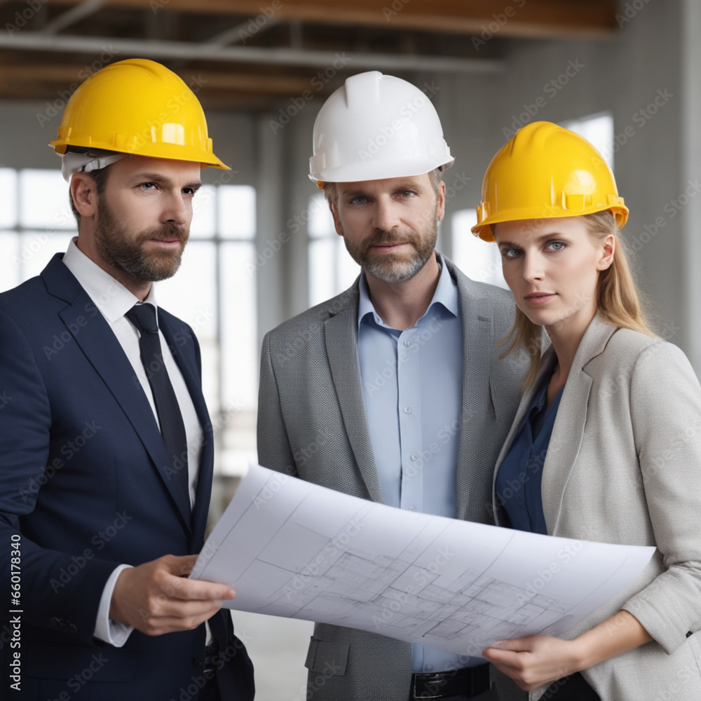 Arquitecto y operarios mujer y hombre revisando unos planos Arquitecto y operarios mujer y hombre revisando unos planos
