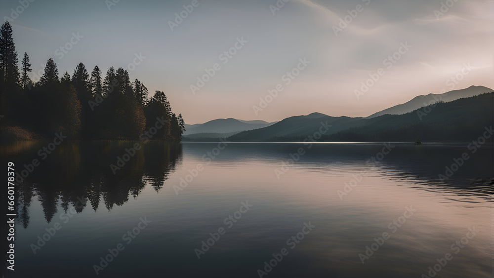 Reflection of mountains and trees in a calm lake at sunset.