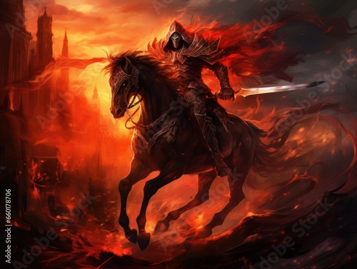 Horseman of the Apocalypse with a sword riding a black horse AI © Vitalii But