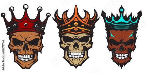 set of Skull wearing King Crown mascots