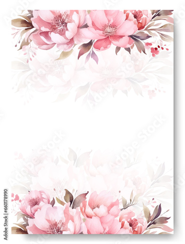 Elegant border wedding invitation card template design, pink peony floral bouquet decorated on line frame on white