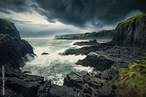 a rocky coastline with waves crashing into the water