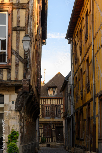 Medieval central part of Troyes old city with half-timbered houses and narrow streets  Champagne  France  tourists destination