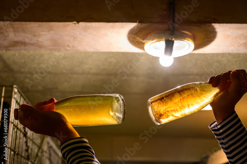 Visit of undergrounds caves, showing of sediment in bottles, traditional making of champagne sparkling wine in Cote des Bar, Champagne, France photo