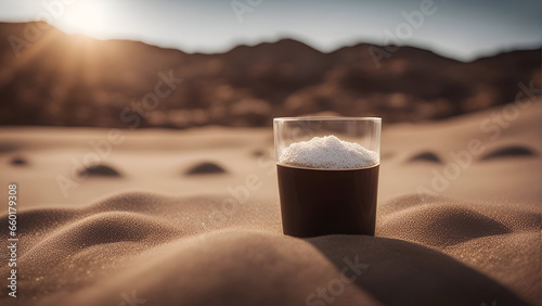 A glass of coffee in the desert. Selective focus. nature.