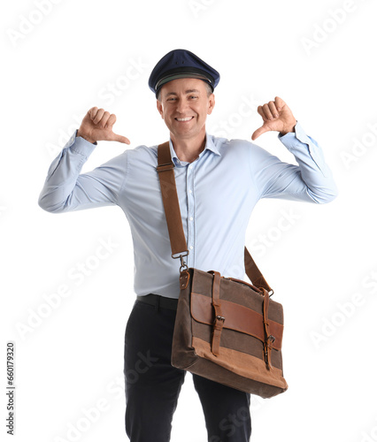 Mature postman pointing at ...