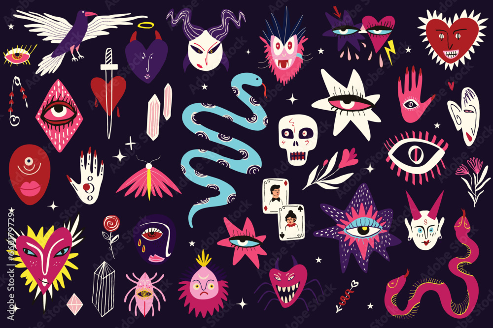 A set of vibrant strange charming illustrations with magical mystical esoteric magical Gothic symbols for the Halloween holiday A set of vibrant strange charming illustrations with magical mystical esoteric magical Gothic symbols for the Halloween holiday
