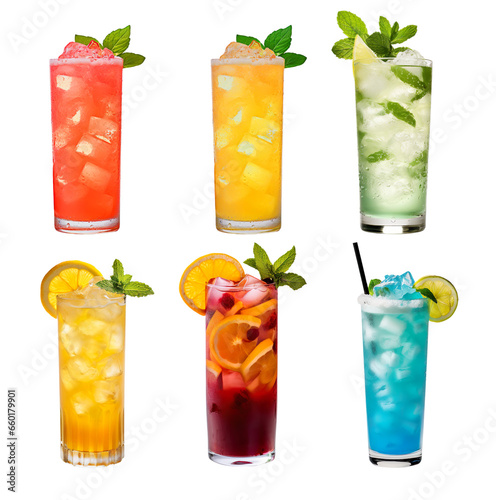 All type of Mix cocktails collection. fresh Guava, fresh orange, Citrus Crush, Mint lemon, Spiced Sangria, Blue Lagoon on a transparent background.