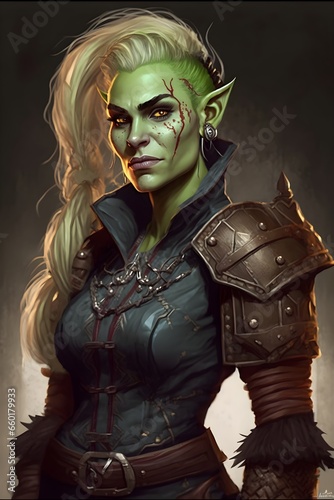 realistic action fantasy art young smiling muscular female blonde orc fighter with green skin wearing long jacket blonde haired woman with green skin confident smirk jewelry detailed clothes 