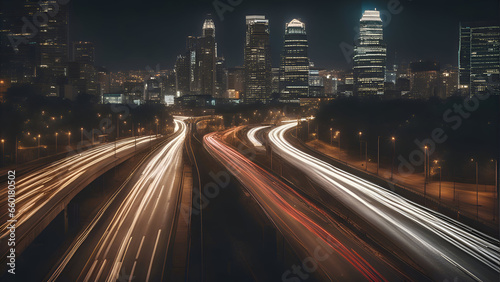 Night traffic in downtown Los Angeles. California. Long exposure shot.