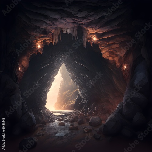 dark cave entrance under sedimentary rocks natural lighting fantasy world ultra detailed 