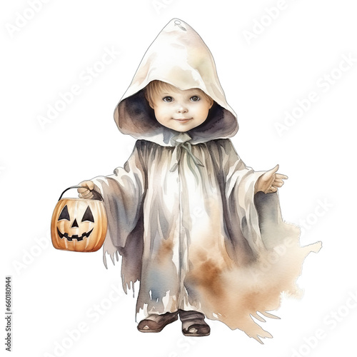 Toddler, boy, trick or treating in a ghost halloween costume