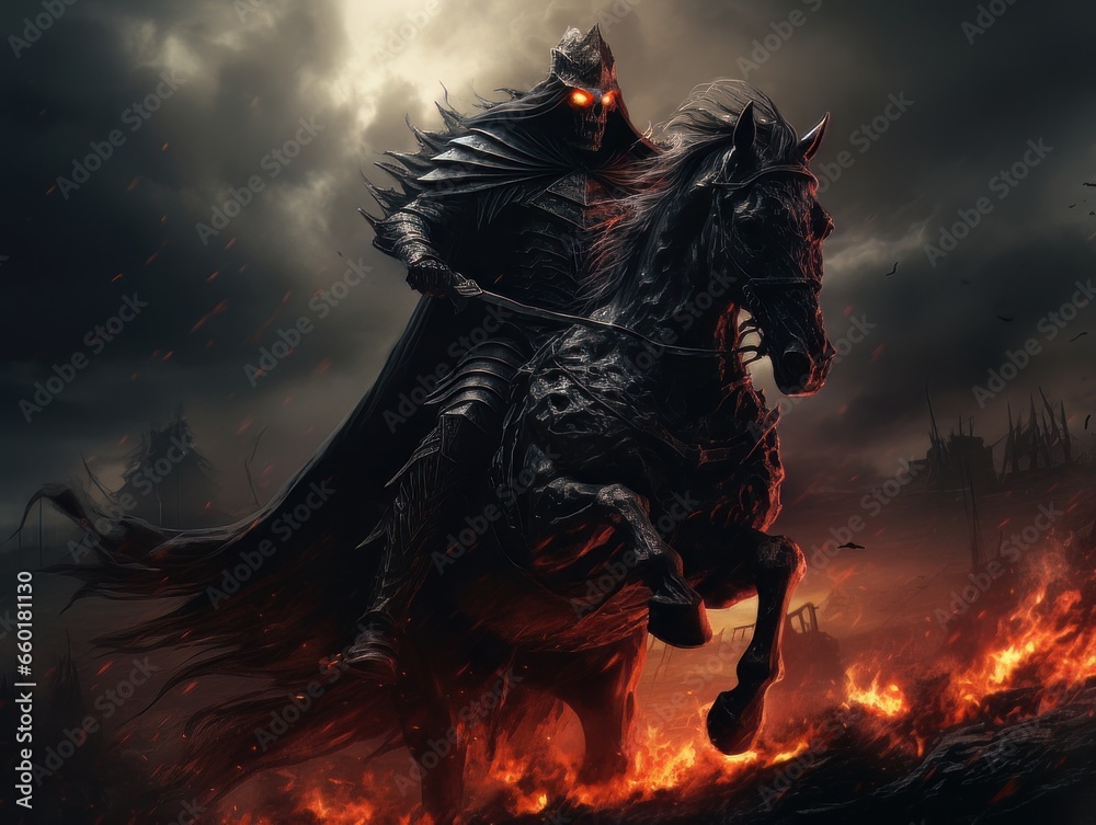 Black horseman of apocalypse riding black horse AI Black horseman of apocalypse riding black horse AI