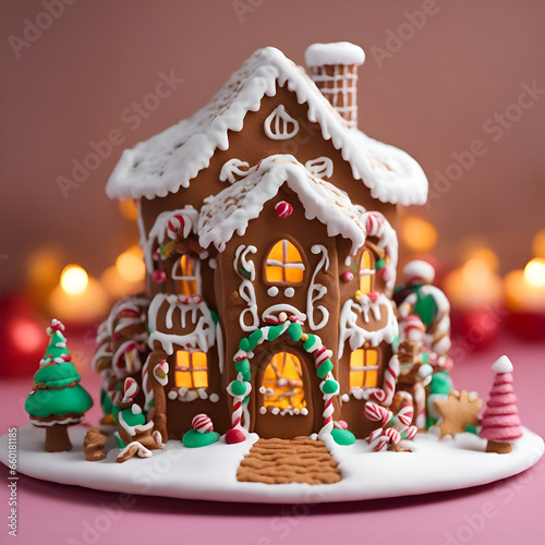 Gingerbread house on a pink background with Christmas lights and candles