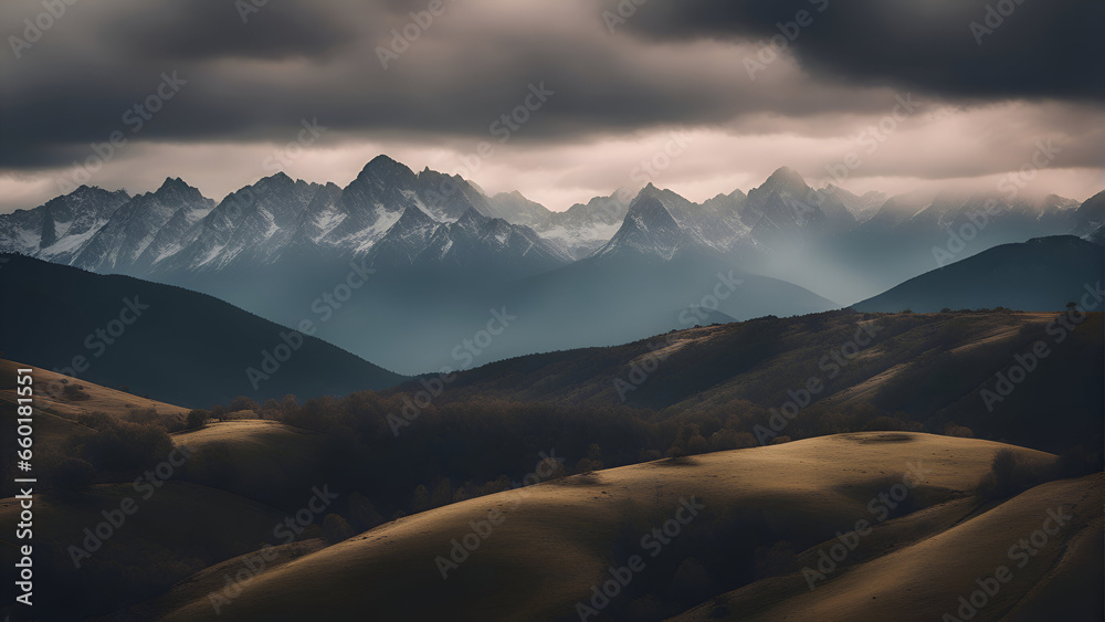 Panoramic view of snow capped mountains in the clouds