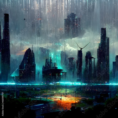 cyberpunk rain on a solarpunk backdrop with aethercore wind 