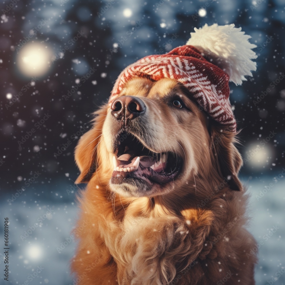 dog watching snow fall at christmas with hat