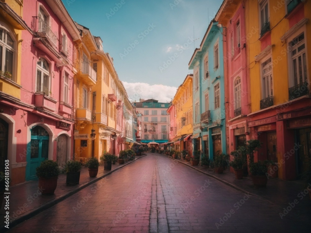 colorful buildings in city with colored streets and roads