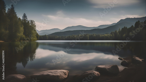 Panoramic view of a mountain lake in the Carpathians