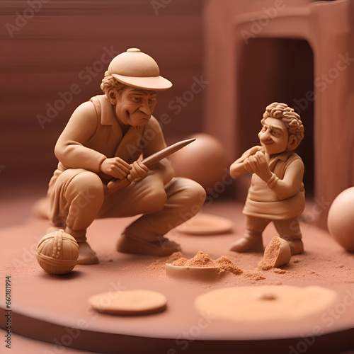 Miniature clay figures playing with clay. Childrens creativity. Selective focus.