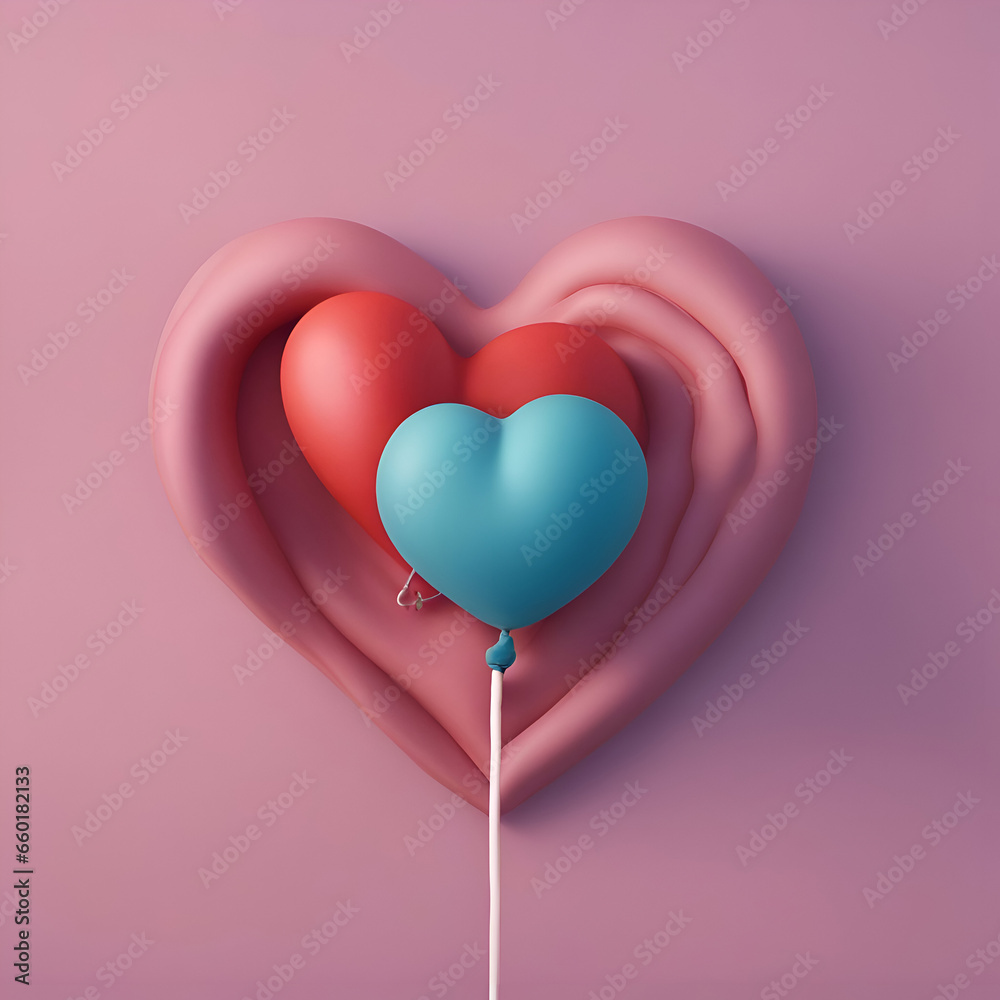 3d illustration of heart shaped balloons in pink and blue colors.