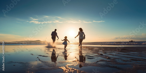 Landscape photography of a family with two parents and a child  walking on the beach at sunset or sunrise  splashing through the shallows or a pristine beach