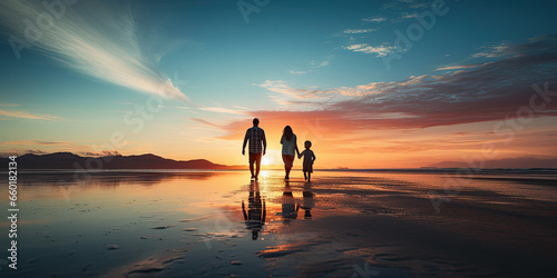 Landscape photography of a family with two parents and a child, walking on the beach at sunset or sunrise, splashing through the shallows or a pristine beach