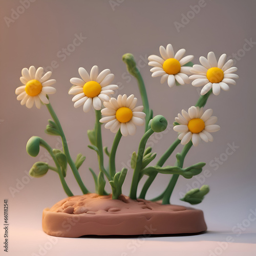 Three chamomile flowers on a podium. 3d render