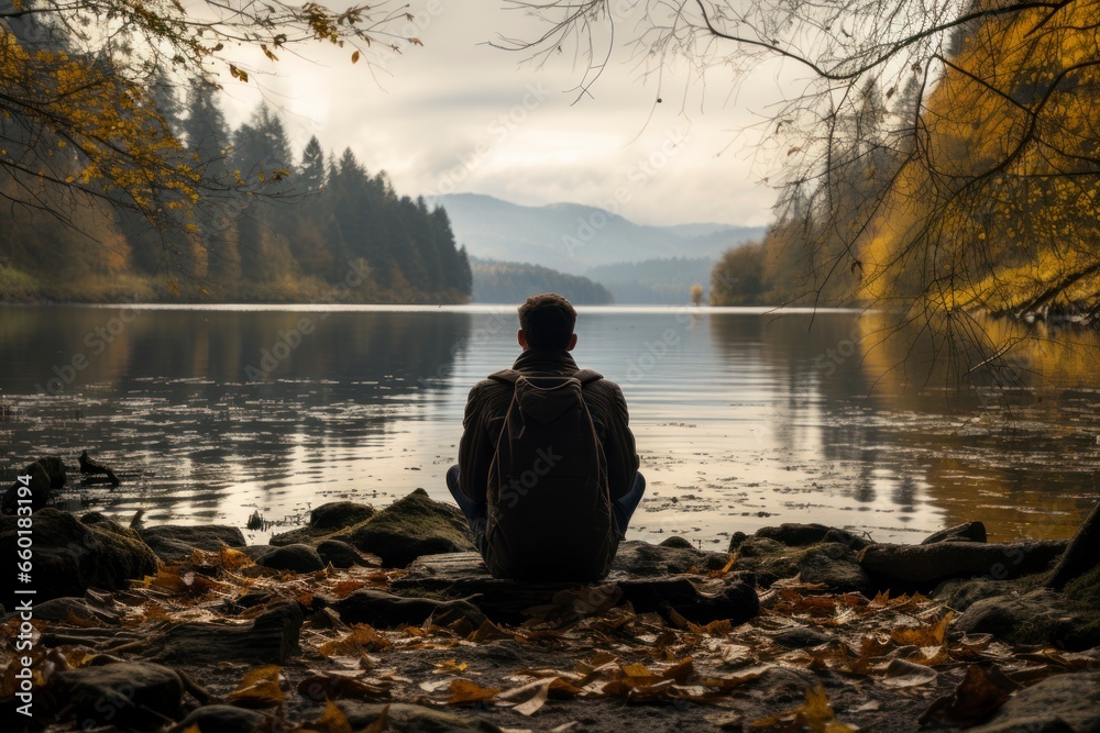 A contemplative image of a person staring out into the horizon at a tranquil lake, conveying a sense of solitude and inner reflectio A contemplative image of a person staring out into the horizon at a tranquil lake, conveying a sense of solitude and inner reflectio