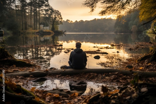 A contemplative image of a person staring out into the horizon at a tranquil lake, conveying a sense of solitude and inner reflectio