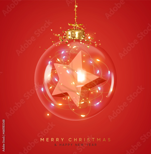 Christmas ornaments glass transparent balls. Set of Christmas ball inside bright light garlands, realistic 3d red star, hanging on gold ribbon. Festive decoration objects. vector illustration